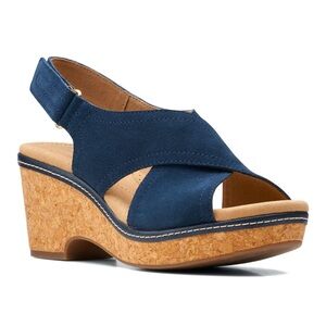 Clarks Women's Giselle Cove Sandals Size 7.5M Navy Marine Suede Wedge
